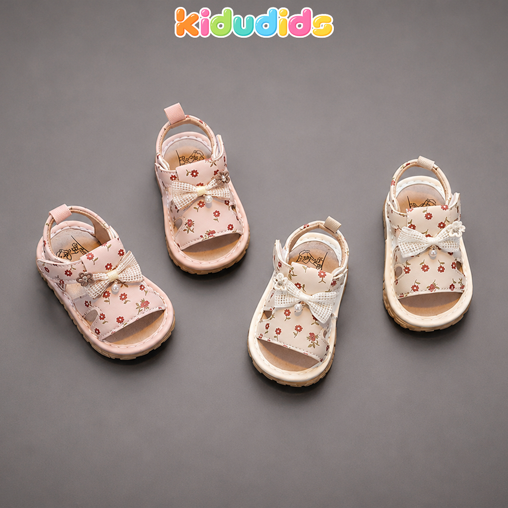 Sandal Bé Gái Tập Đi Kidudids Hoa Nhí Đính Nơ Công Chúa Size 16-20 Chống Trượt Êm Chân