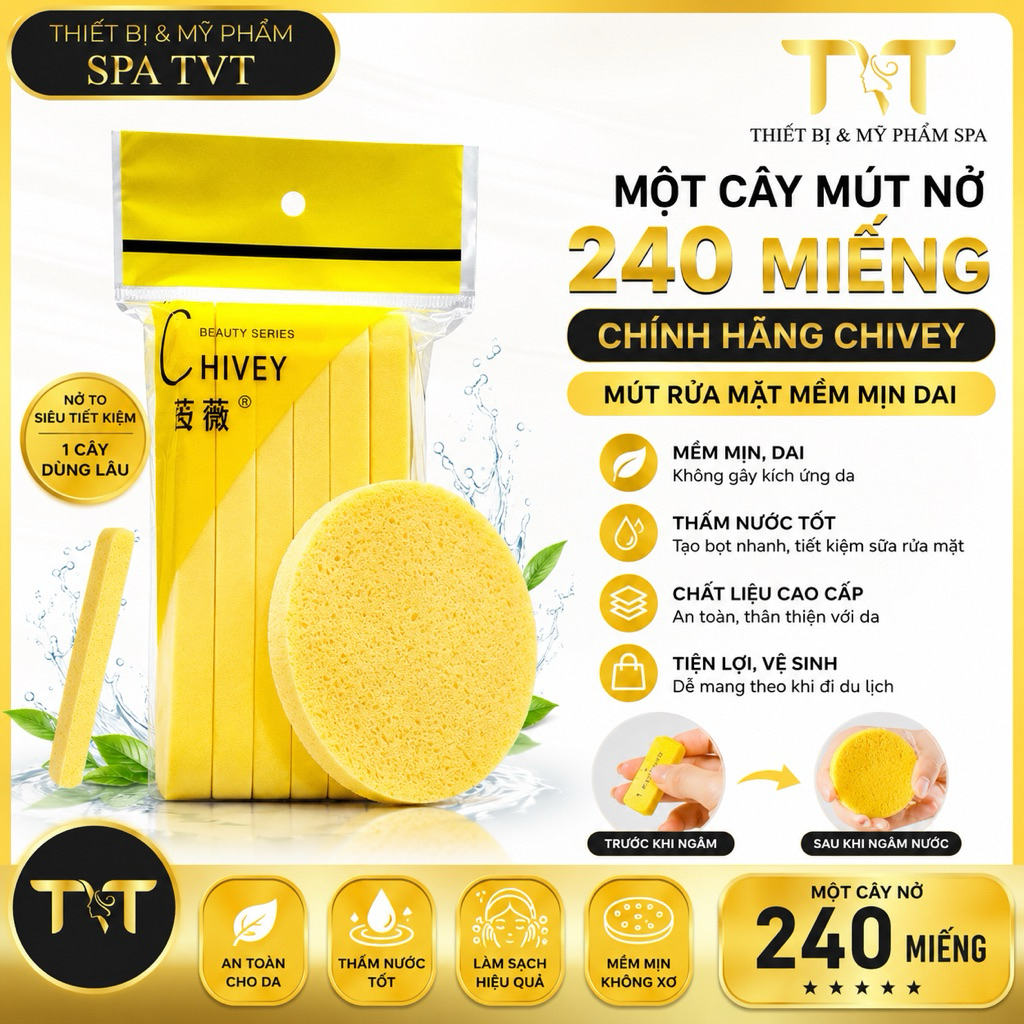 Một Cây Mút Nở Chivey 240 Miếng – Rửa Mặt, Vệ Sinh Da, Lau Mặt Spa, Mềm Mại, Thấm Hút Tốt