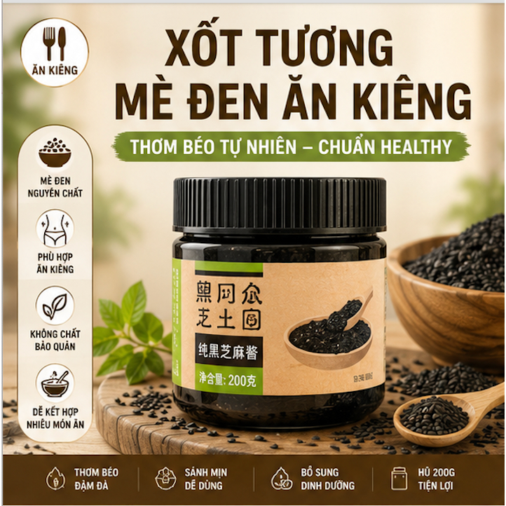 Xốt Tương Mè Đen Ăn Kiêng 200G - Mè Đen Nguyên Chất Thơm Béo Healthy Eat Clean, Trộn Salad Chấm Rau Củ