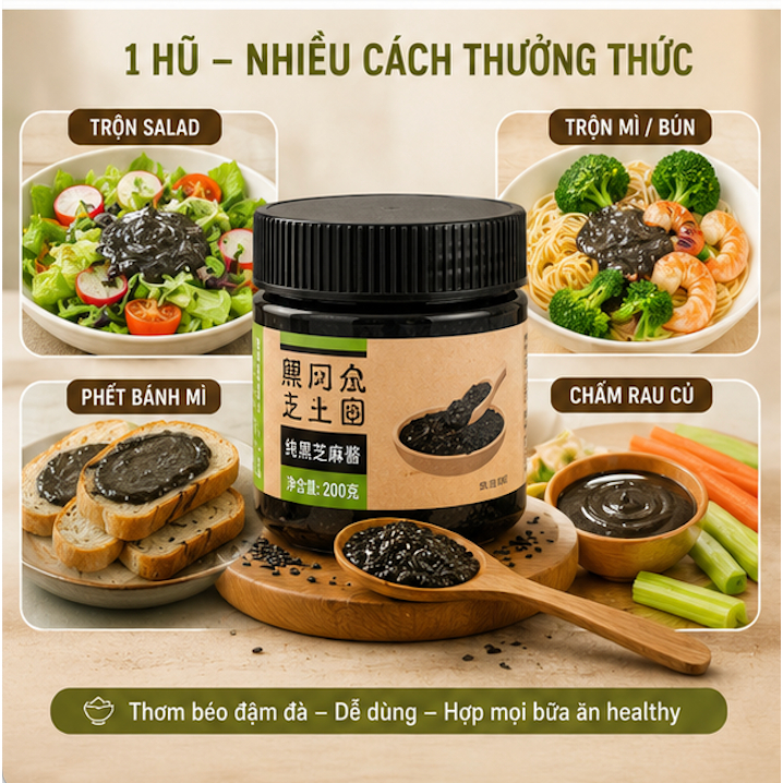 Xốt Tương Mè Đen Ăn Kiêng 200G - Mè Đen Nguyên Chất Thơm Béo Healthy Eat Clean, Trộn Salad Chấm Rau Củ