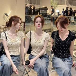 LT - Áo thun nữ chấm bi cổ bèo buộc dây nơ, cộc tay free size 1798
