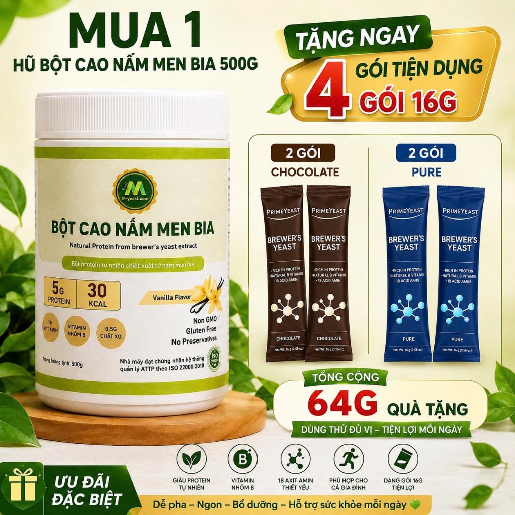 [Mua 1 tặng 4] Bột nấm men bia vị vani 500g, bổ sung kẽm tự nhiên