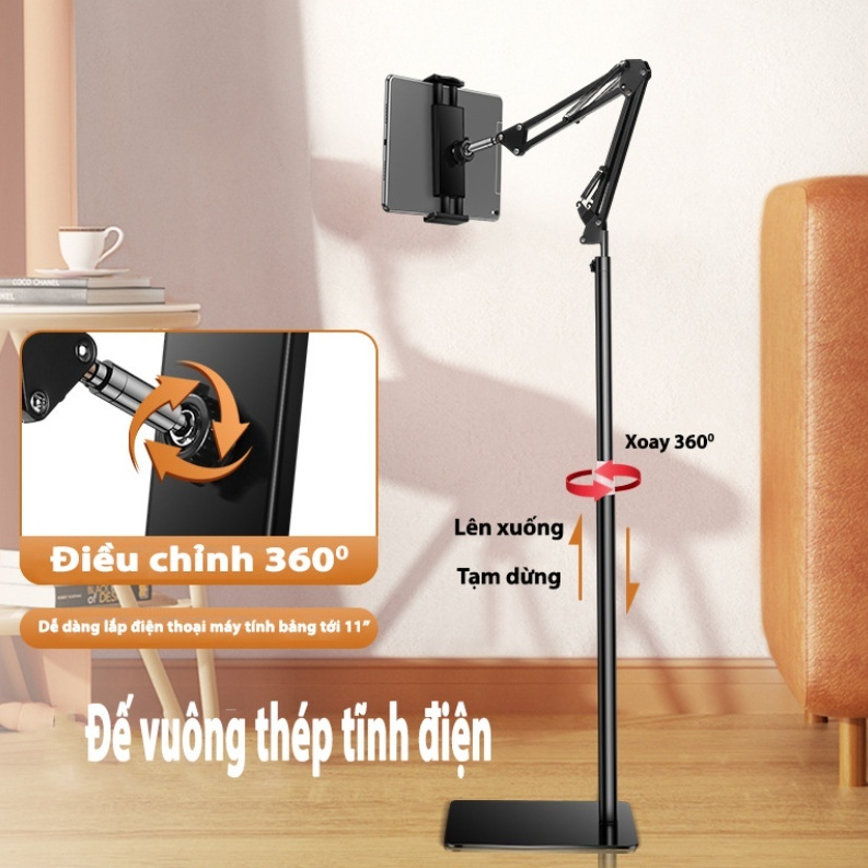 Giá đỡ điện thoại, ipad hợp kim nhôm có đế đứng sàn nâng cấp xoay 360 độ đa năng quay video, chân livestream, giải trí