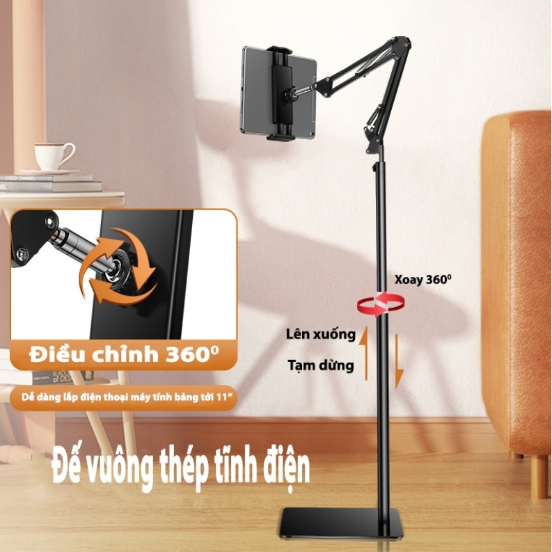 Giá đỡ ipad, điện thoại có đế chân đứng 1m35 hợp kim nhôm xoay 360 độ cao cấp quay video đa góc đứng/ngang chuyên nghiệp
