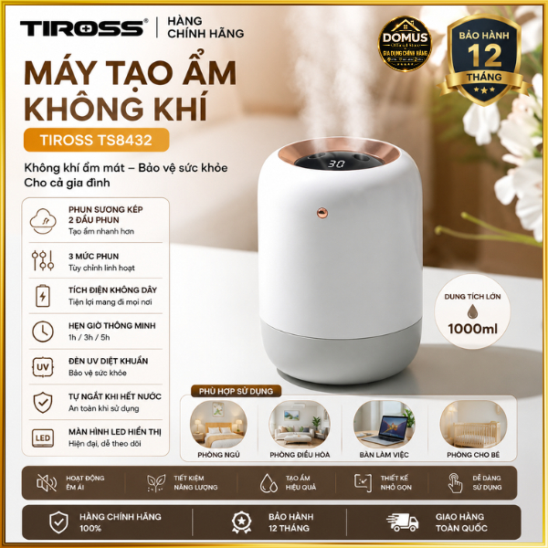 Máy Tạo Ẩm Không Khí TIROSS TS8432 | Phun Sương Kép 2 Đầu Phun | Tích Điện Không Dây | Hẹn Giờ