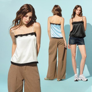 CARA Áo lụa kiểu Dain dáng 2 dây form rộng phối ren trendy