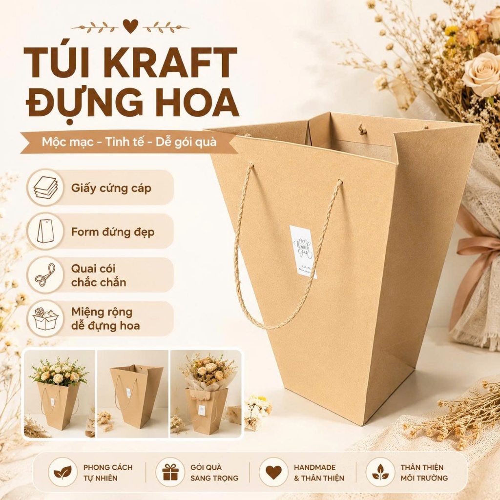 Combo 25 Túi Đựng Hoa Giấy Kraft Màu Nâu Cao Cấp Quai Cói Hình Thang Miệng Rộng Dùng Gói Hoa Và Quà Tặng