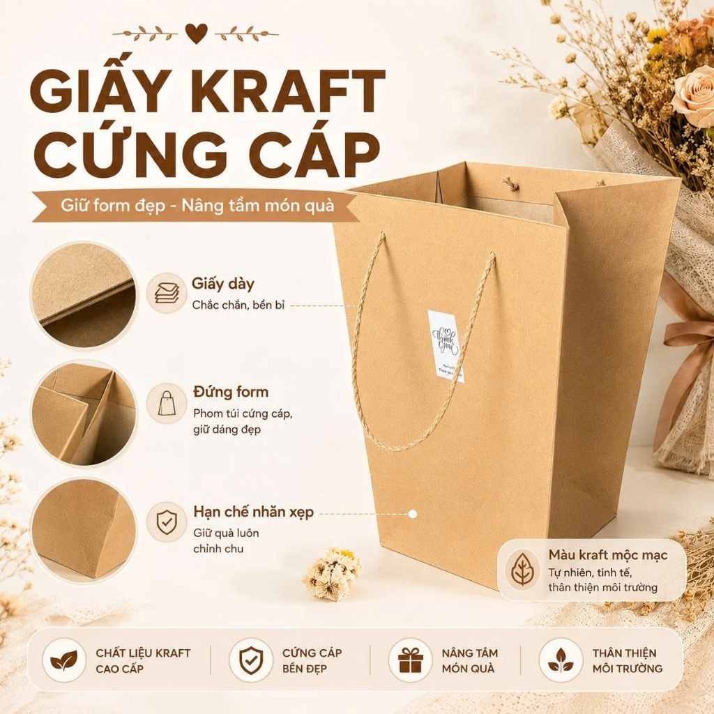 Combo 25 Túi Đựng Hoa Giấy Kraft Màu Nâu Cao Cấp Quai Cói Hình Thang Miệng Rộng Dùng Gói Hoa Và Quà Tặng