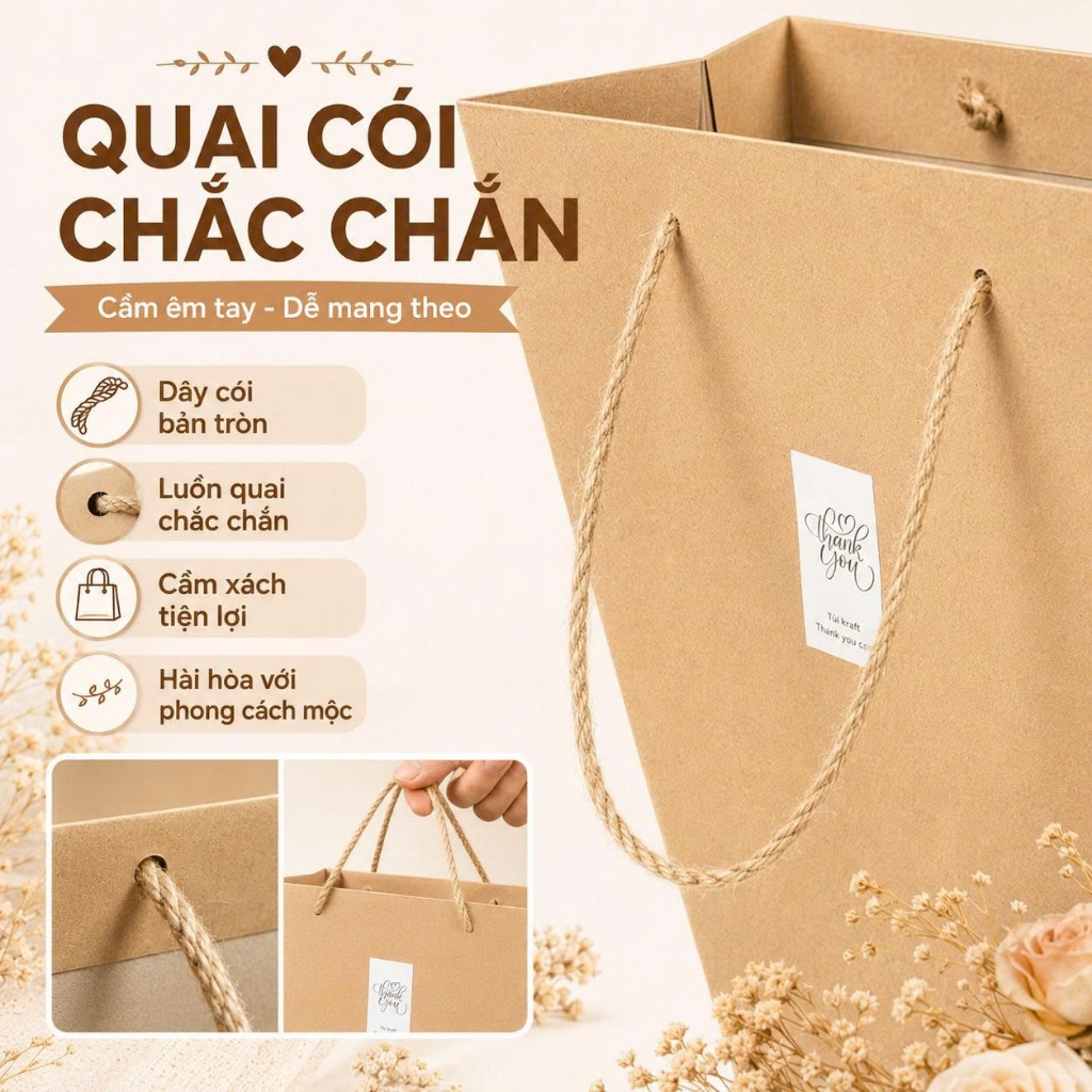 Combo 25 Túi Đựng Hoa Giấy Kraft Màu Nâu Cao Cấp Quai Cói Hình Thang Miệng Rộng Dùng Gói Hoa Và Quà Tặng