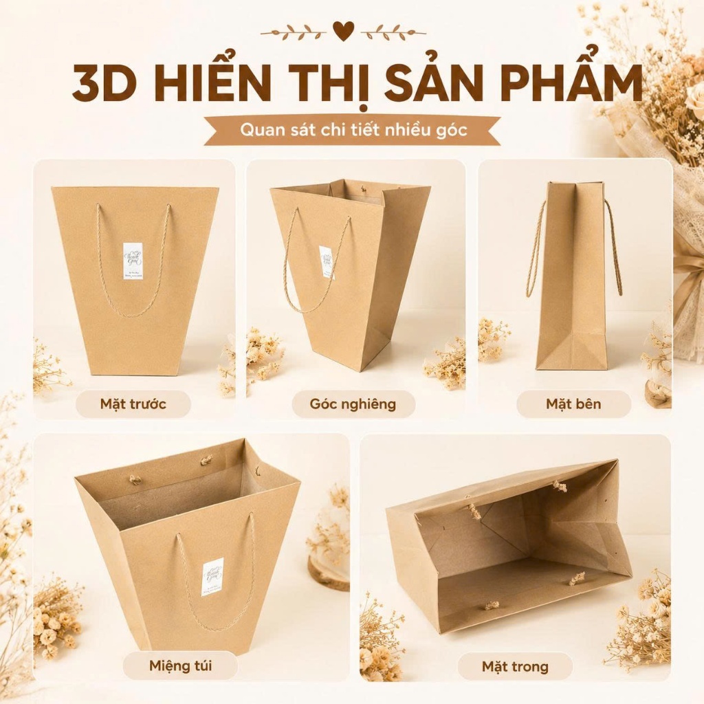 Combo 25 Túi Đựng Hoa Giấy Kraft Màu Nâu Cao Cấp Quai Cói Hình Thang Miệng Rộng Dùng Gói Hoa Và Quà Tặng