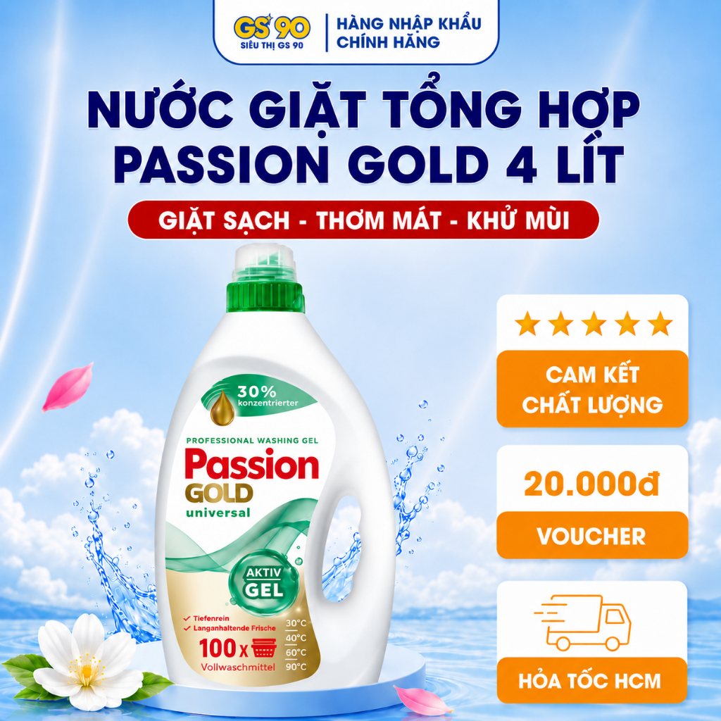 Nước Giặt Passion Gold 4 Lít Hương Hoa Cho Máy Giặt Cửa Ngang/Trước Nhập Khẩu Châu Âu