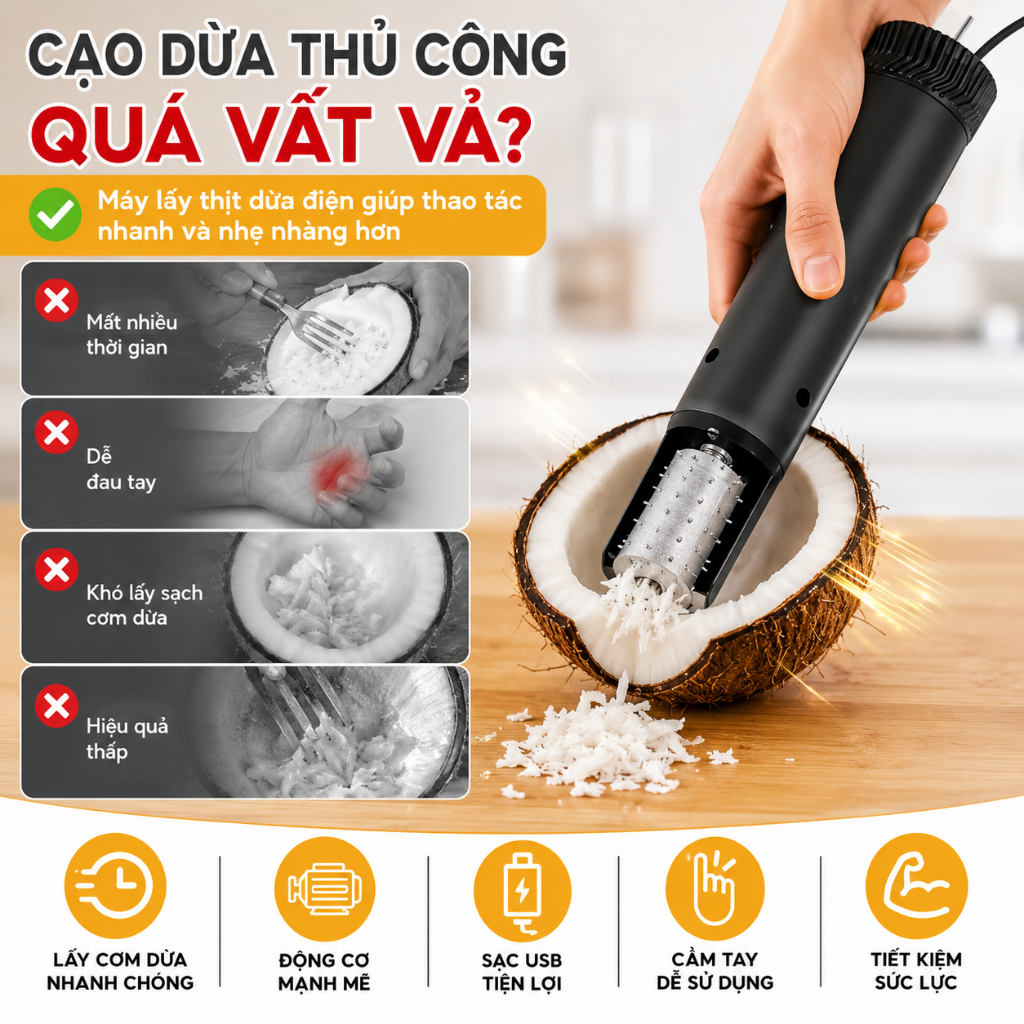 Máy Lấy Thịt Dừa Điện Cầm Tay | Dao Bào Dừa Đa Năng | Nạo Rau Quả Tiện Lợi | Tiết Kiệm Thời Gian Và Công Sức