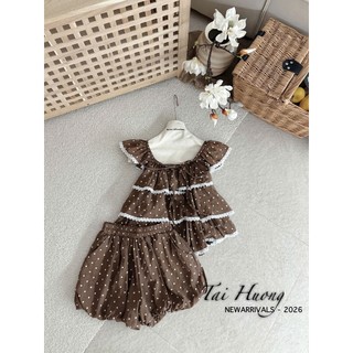 Set Bộ Đồ Nữ Đũi Chấm Bi Áo Cánh Tiên Bèo Tầng Phối Viền Ren Đen Mix Chân Váy Bí Phồng