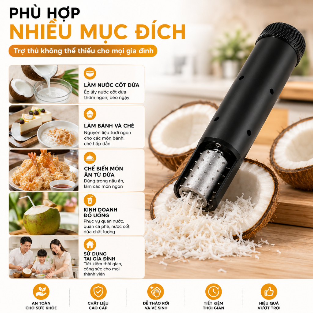 Máy Lấy Thịt Dừa Điện Cầm Tay | Dao Bào Dừa Đa Năng | Nạo Rau Quả Tiện Lợi | Tiết Kiệm Thời Gian Và Công Sức