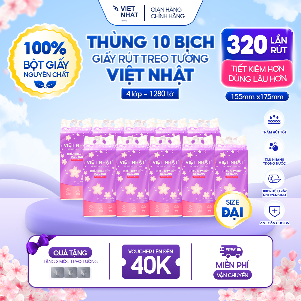 [DEAL MỞ BÁN] THÙNG 10 Bịch Giấy Rút Treo Tường Việt Nhật 1280 tờ An Toàn, Thấm Hút Tốt, Mềm Mại, Đạt Chuẩn Chất Lượng