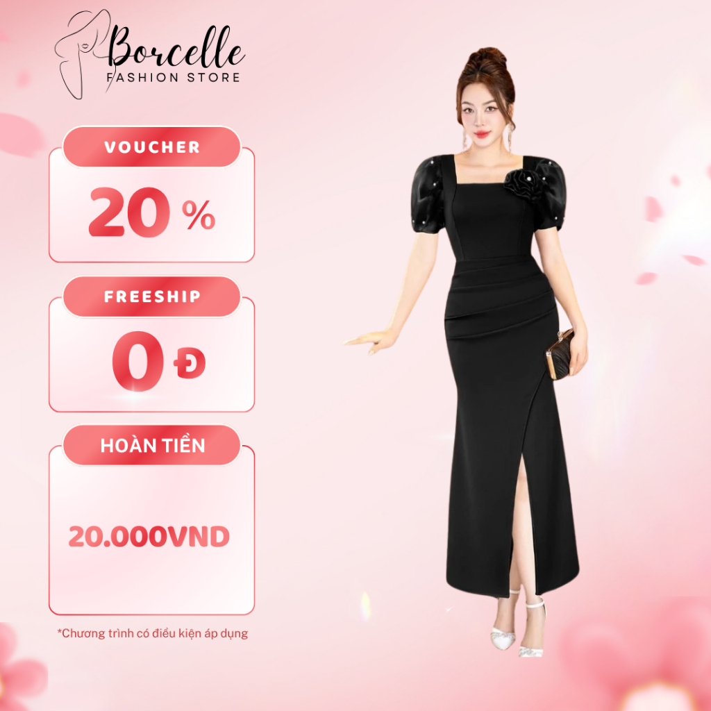 Váy Dự Tiệc Trung Niên Bigsize - Đầm Dự Tiệc Đi Ăn Cưới Thiết Kế Sang Trọng Cổ Vuông Tay Vol Đính Ngọc Bông 3D TK38