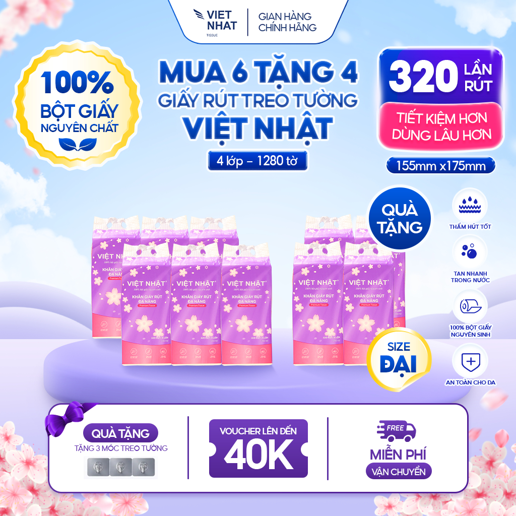 [MUA 6 TẶNG 4] Giấy Rút Treo Tường Việt Nhật 1280 tờ An Toàn, Thấm Hút Tốt, Mềm Mại, Đạt Chuẩn Chất Lượng