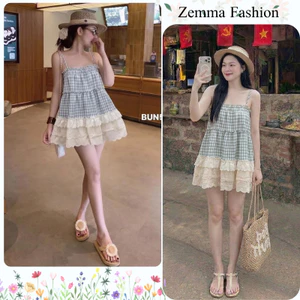 Áo kiểu nữ áo hai dây kẻ caro phối bèo ren tầng dáng babydoll xòe rộng mặc đi chơi dạo phố HCOM27480