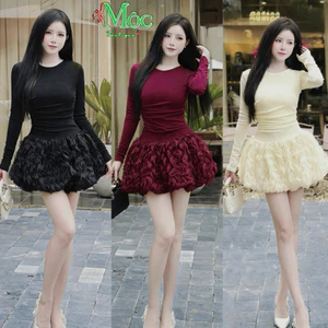 Đầm váy ngắn, thiết kế dự tiệc dáng ngắn ôm body chất Nhũ tay dài cổ tròn Tùng tầng xoắn xòe nhẹ