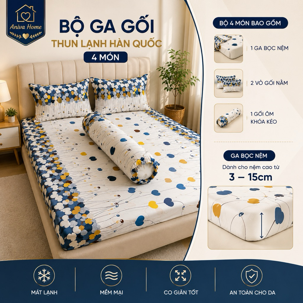 Bộ Ga Gối Thun Lạnh Hàn Quốc 4 Món Aniva Home | Ga Bọc Nệm Co Giãn 4 Chiều Cho Nệm 3-15cm | Kèm Gối Ôm Khóa Kéo