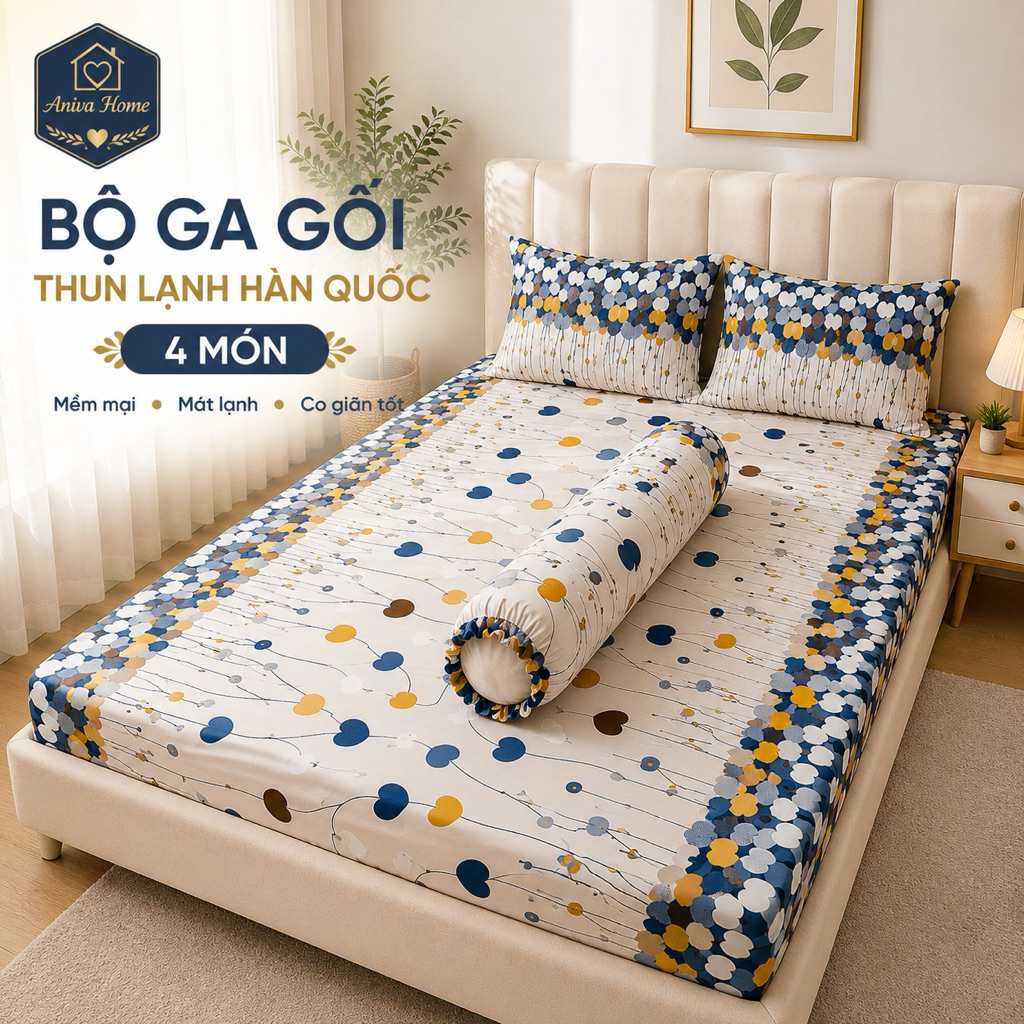 Bộ Ga Gối Thun Lạnh Hàn Quốc 4 Món Aniva Home | Ga Bọc Nệm Co Giãn 4 Chiều Cho Nệm 3-15cm | Kèm Gối Ôm Khóa Kéo