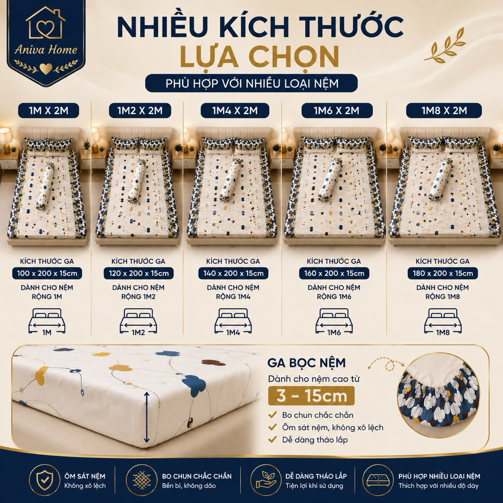 Bộ Ga Gối Thun Lạnh Hàn Quốc 4 Món Aniva Home | Ga Bọc Nệm Co Giãn 4 Chiều Cho Nệm 3-15cm | Kèm Gối Ôm Khóa Kéo