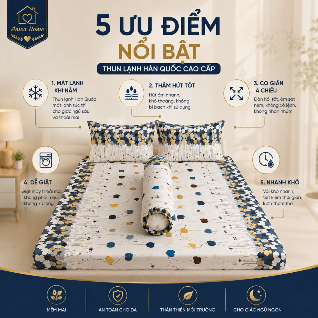 Bộ Ga Gối Thun Lạnh Hàn Quốc 4 Món Aniva Home | Ga Bọc Nệm Co Giãn 4 Chiều Cho Nệm 3-15cm | Kèm Gối Ôm Khóa Kéo