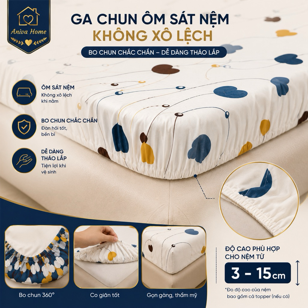 Bộ Ga Gối Thun Lạnh Hàn Quốc 4 Món Aniva Home | Ga Bọc Nệm Co Giãn 4 Chiều Cho Nệm 3-15cm | Kèm Gối Ôm Khóa Kéo