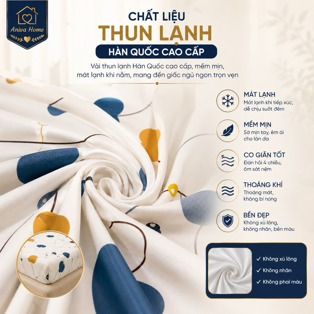 Bộ Ga Gối Thun Lạnh Hàn Quốc 4 Món Aniva Home | Ga Bọc Nệm Co Giãn 4 Chiều Cho Nệm 3-15cm | Kèm Gối Ôm Khóa Kéo