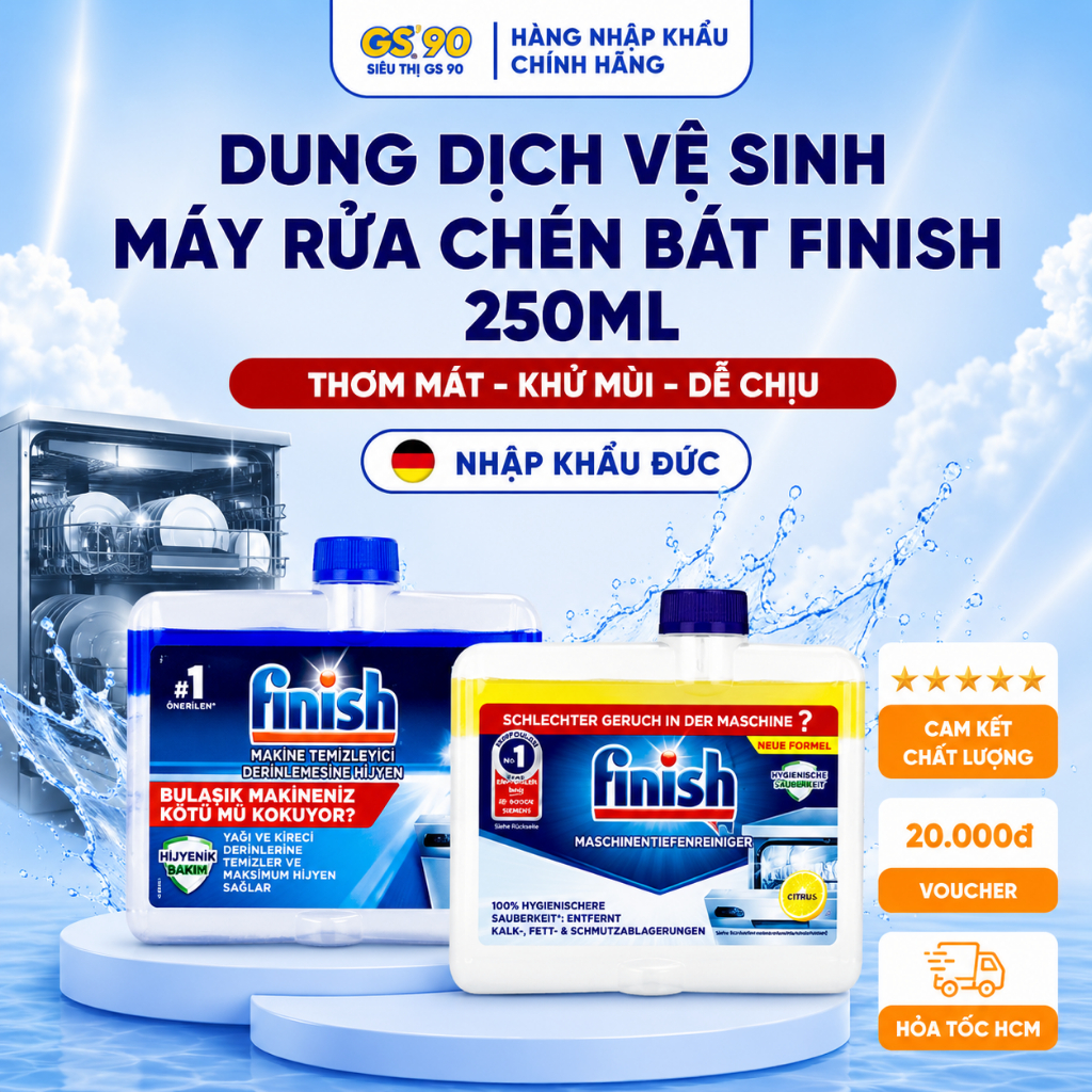 [TẶNG BÌNH GIỮ NHIỆT] Dung Dịch Vệ Sinh Máy Rửa Bát Finish Chai 250ml Làm Sạch Sâu Cặn Mỡ Và Mảng Bám Khử Mùi Hiệu Quả
