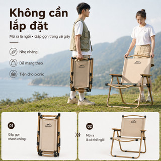 Ghế camping gấp gọn vân gỗ, vải dù cao cấp, tựa lưng êm, chịu lực 150KG, dùng dã ngoại ban công câu cá