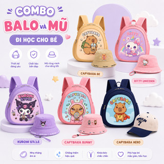 Balo và Mũ bucket cho bé gái bé trai từ 2-5 tuổi đi học mầm non mẫu giáo, in hình Kuromu Hello kitty dễ thương