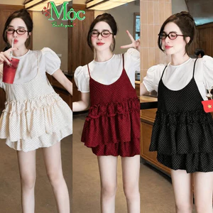 Set bộ 3 món, set yếm dây chấm bi kèm áo tay phồng mix chân váy bí phồng có quần Cotton Hàn