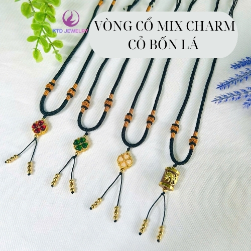 Vòng cổ handmade KATEDA mix charm cỏ bốn lá - có dây rút điều chỉnh tặng kèm hộp đựng sang trọng