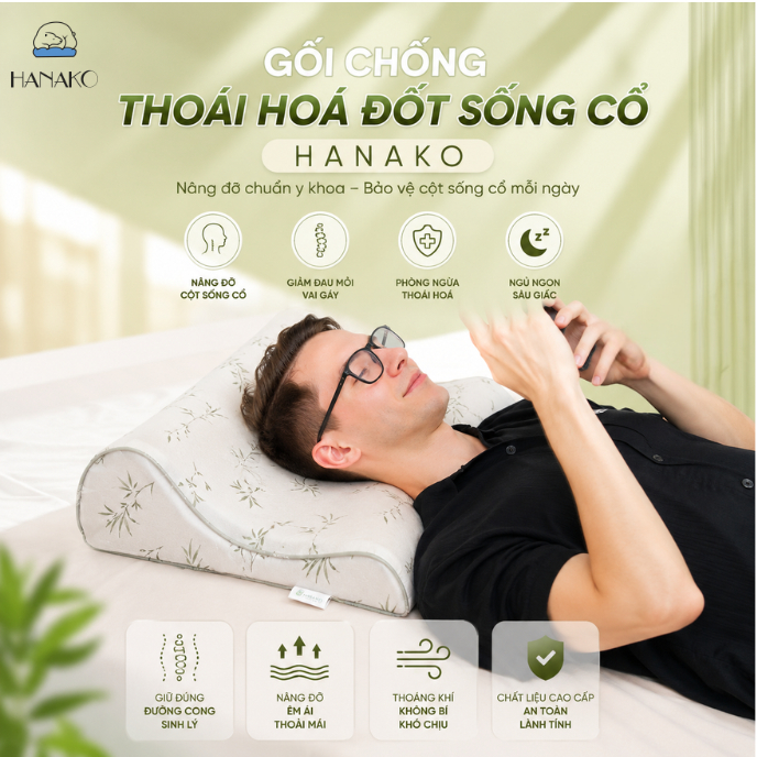 Gối Chống Thoái Hóa Đốt Sống Cổ HANAKO | Thiết Kế 2 Đầu Cao Thấp Chuyên Dụng - Hỗ Trợ Cổ Vai Gáy