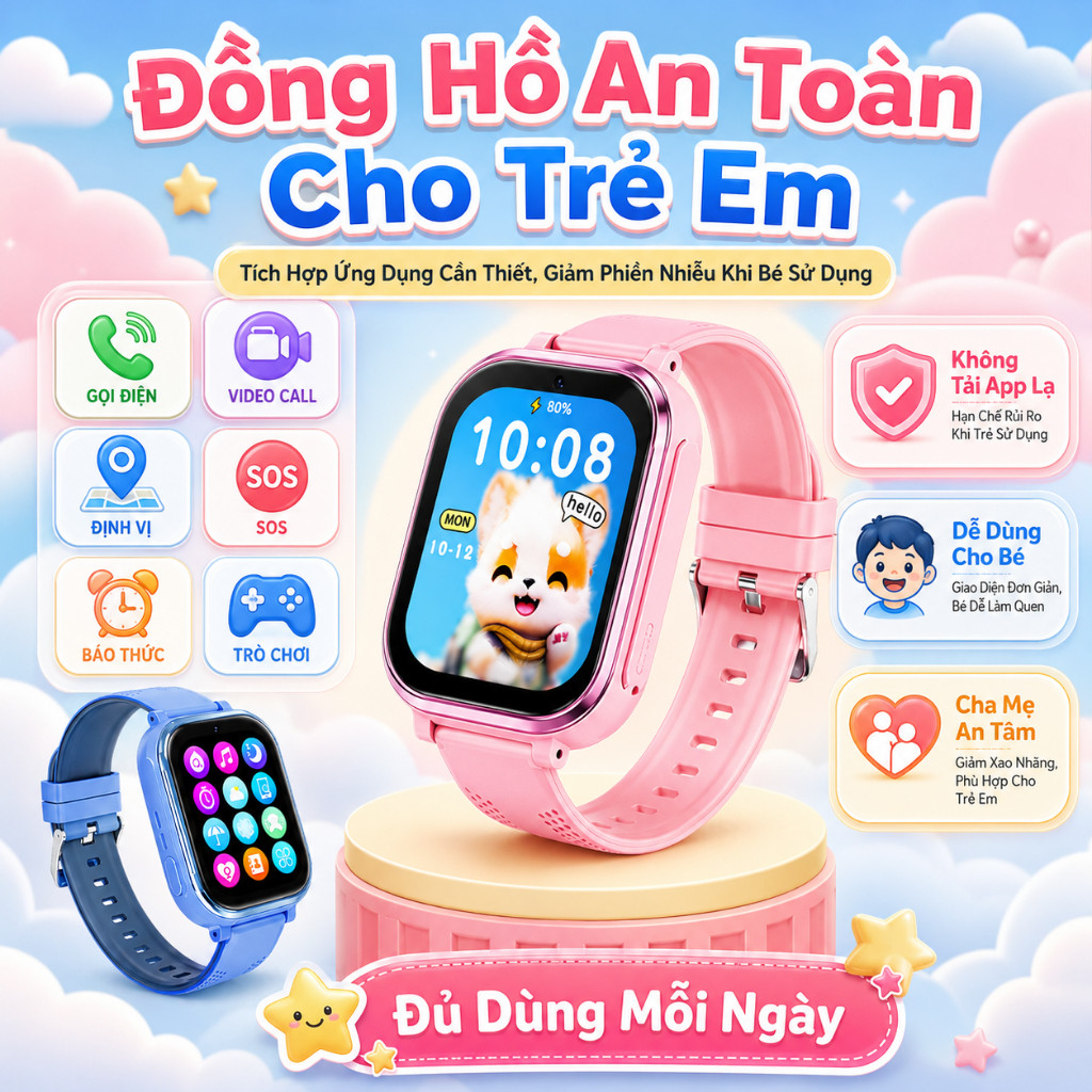 Kiumo【BH 12 Tháng】Đồng Hồ Thông Minh Trẻ Em 4G, GPS/LBS, IP65 Chống Nước, Kèm Ốp Silicone & 2 Dây