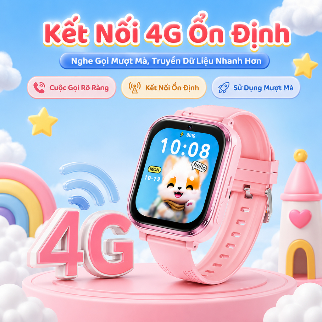 Kiumo【BH 12 Tháng】Đồng Hồ Thông Minh Trẻ Em 4G, GPS/LBS, IP65 Chống Nước, Kèm Ốp Silicone & 2 Dây
