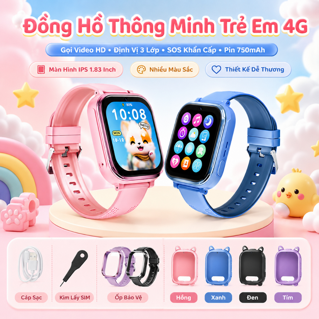 Kiumo【BH 12 Tháng】Đồng Hồ Thông Minh Trẻ Em 4G, GPS/LBS, IP65 Chống Nước, Kèm Ốp Silicone & 2 Dây