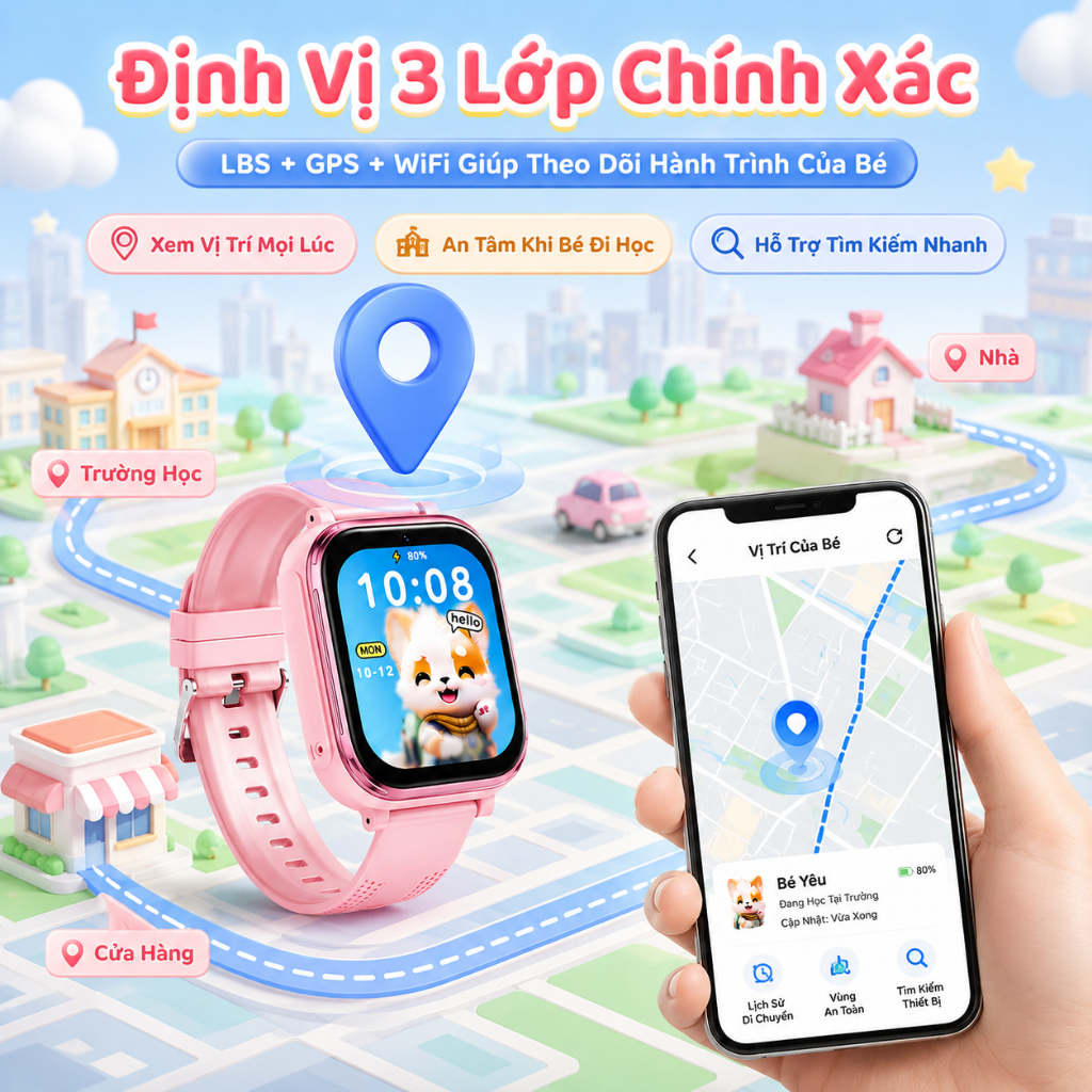 Kiumo【BH 12 Tháng】Đồng Hồ Thông Minh Trẻ Em 4G, GPS/LBS, IP65 Chống Nước, Kèm Ốp Silicone & 2 Dây
