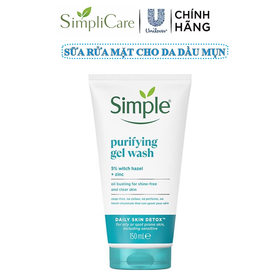 Gel rửa mặt Simple ngừa mụn giảm bóng nhờn Purifying Gel Wash 150ml kiềm dầu thanh khiết
