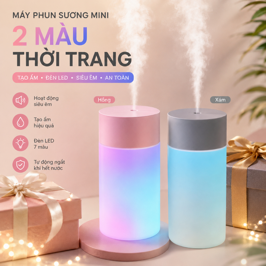 Máy Phun Sương Tạo Ẩm Mini 400ml USB｜Đèn LED 7 Màu｜Yên Tĩnh｜Phòng Ngủ, Văn Phòng