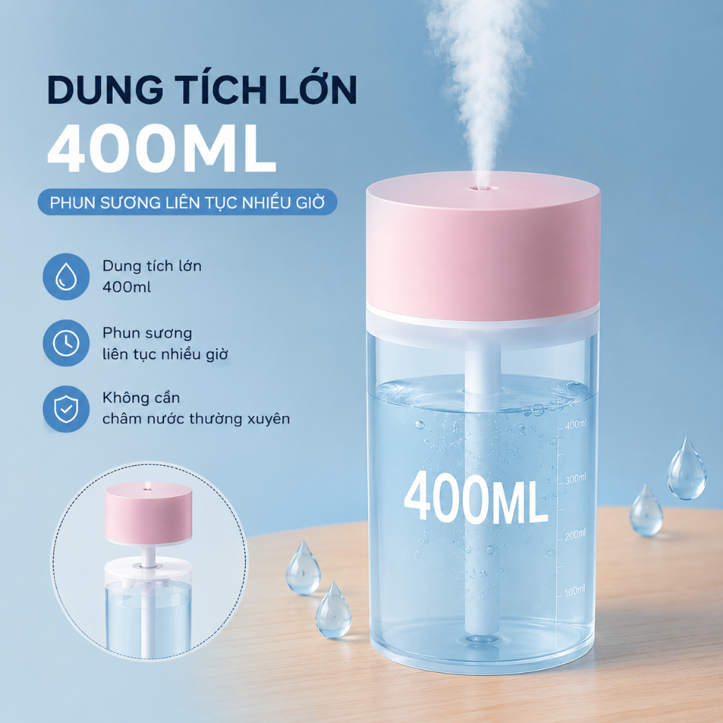 Máy Phun Sương Tạo Ẩm Mini 400ml USB｜Đèn LED 7 Màu｜Yên Tĩnh｜Phòng Ngủ, Văn Phòng