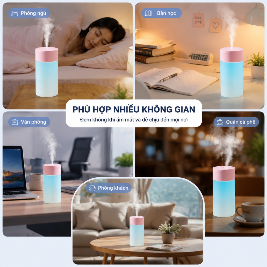 Máy Phun Sương Tạo Ẩm Mini 400ml USB｜Đèn LED 7 Màu｜Yên Tĩnh｜Phòng Ngủ, Văn Phòng