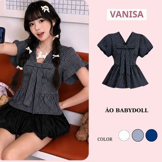 Áo babydoll nữ cổ V đính nơ tay bồng chiết eo tôn dáng chất voan mềm xanh trắng VANISA SMS101