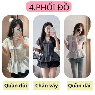 Áo Sơ Mi Nữ Cổ Tim Đính Nơ To Tay Ngắn Chiết Eo Tôn Dáng Trắng Xanh Đậm VANISA SMS101