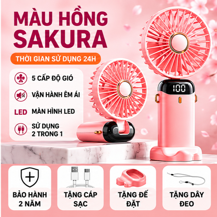 Quạt cầm tay N20 6 tốc độ gió, quạt bàn gấp 90 độ, quạt làm mát mùa hè, có đèn LED 7 màu, pin lớn lâu, dễ vệ sinh, đa nă