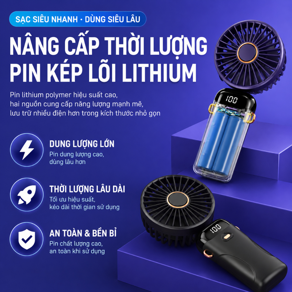 Quạt cầm tay N20 6 tốc độ gió, quạt bàn gấp 90 độ, quạt làm mát mùa hè, có đèn LED 7 màu, pin lớn lâu, dễ vệ sinh, đa nă