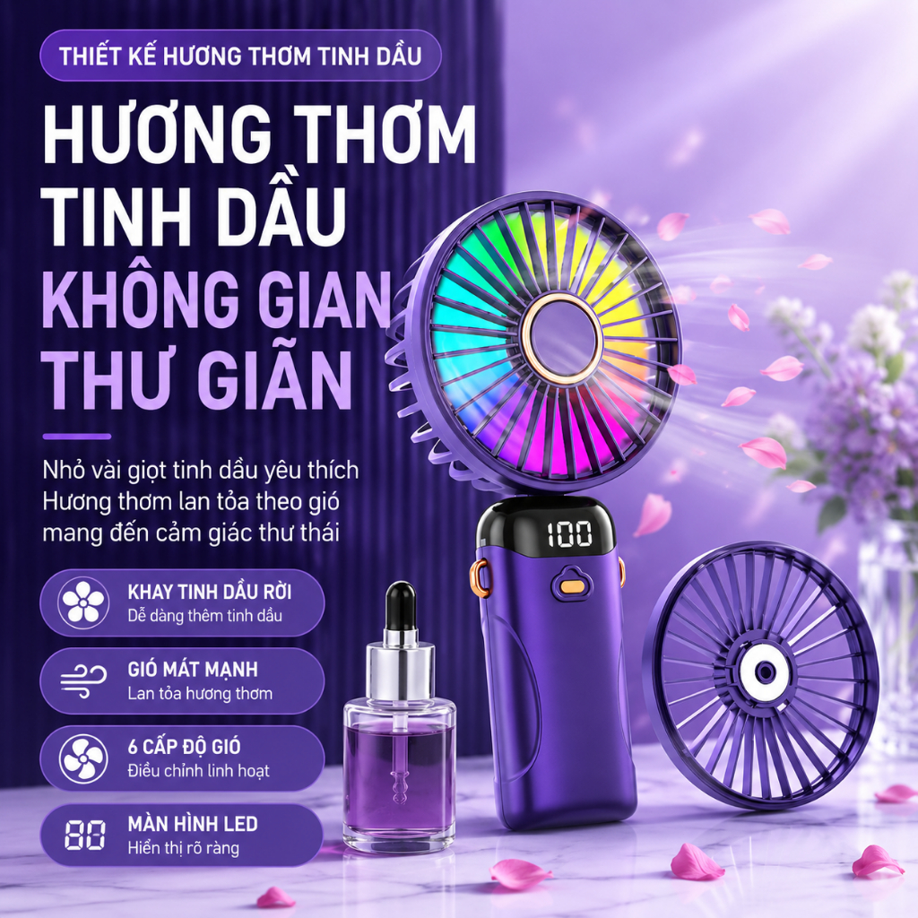 Quạt cầm tay N20 6 tốc độ gió, quạt bàn gấp 90 độ, quạt làm mát mùa hè, có đèn LED 7 màu, pin lớn lâu, dễ vệ sinh, đa nă