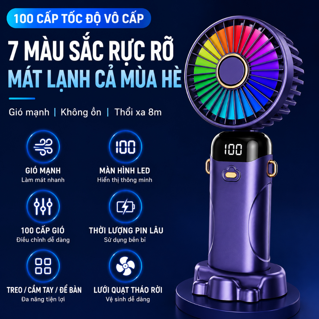 Quạt cầm tay N20 6 tốc độ gió, quạt bàn gấp 90 độ, quạt làm mát mùa hè, có đèn LED 7 màu, pin lớn lâu, dễ vệ sinh, đa nă