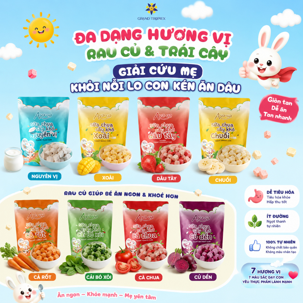Sữa Chua Sấy Thăng hoa Aya-ua- Sữa chua khô Ăn Dặm Cho bé đa dang hương vị Bổ Sung Lợi Khuẩn (Gói 10g/16g)